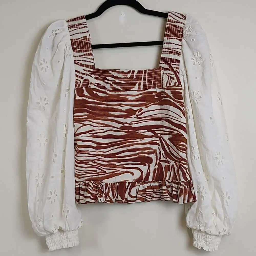 Anthropologie love the label Smocked Animal Print Eyelet Puff Sleeve Blouse NWT